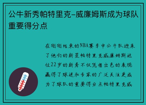 公牛新秀帕特里克-威廉姆斯成为球队重要得分点