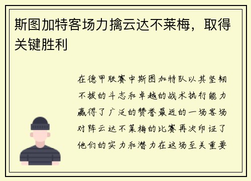 斯图加特客场力擒云达不莱梅，取得关键胜利