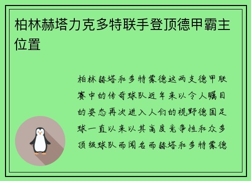 柏林赫塔力克多特联手登顶德甲霸主位置